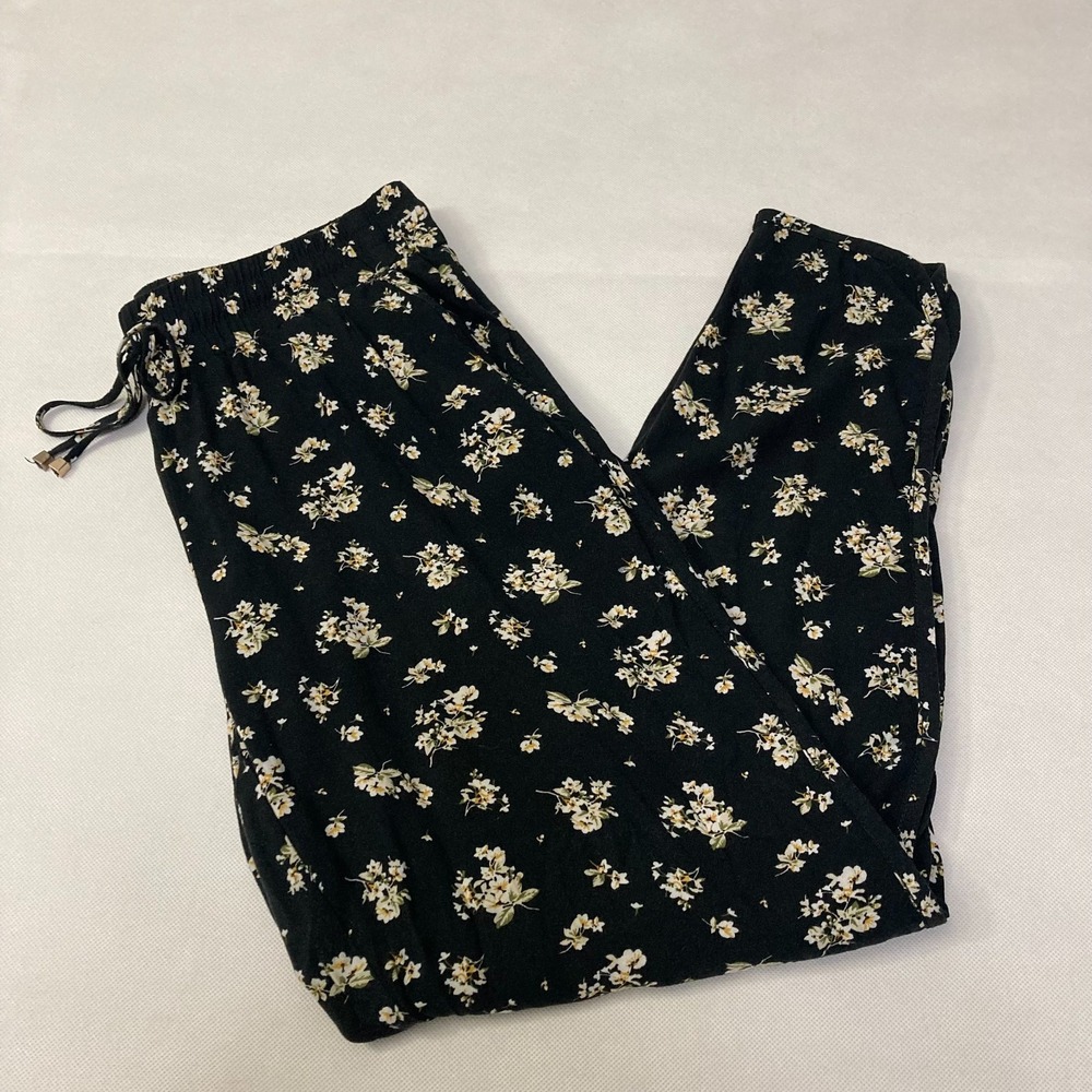 Studio Floral Lounge Jogger Pants Black Yellow High Waist Size Medium